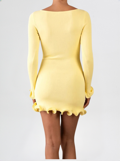 Yellow Mini Dress Fashion Women's Ruffled Knit