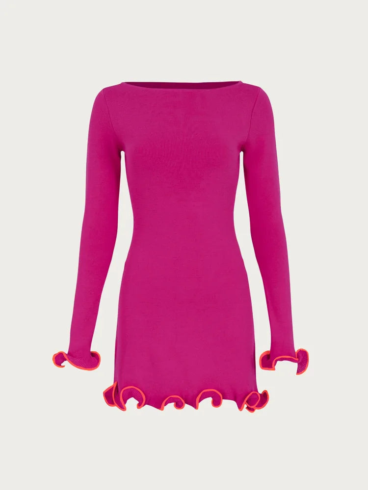 Pink Mini Dress Fashion Women's Ruffled Knit