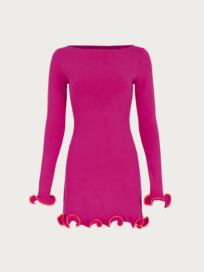 Pink Mini Dress Fashion Women's Ruffled Knit